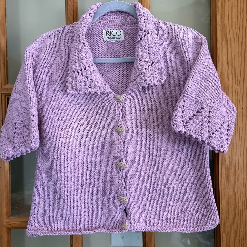 Rico Women's Pink Knit Button Front Sweater with Crochet details